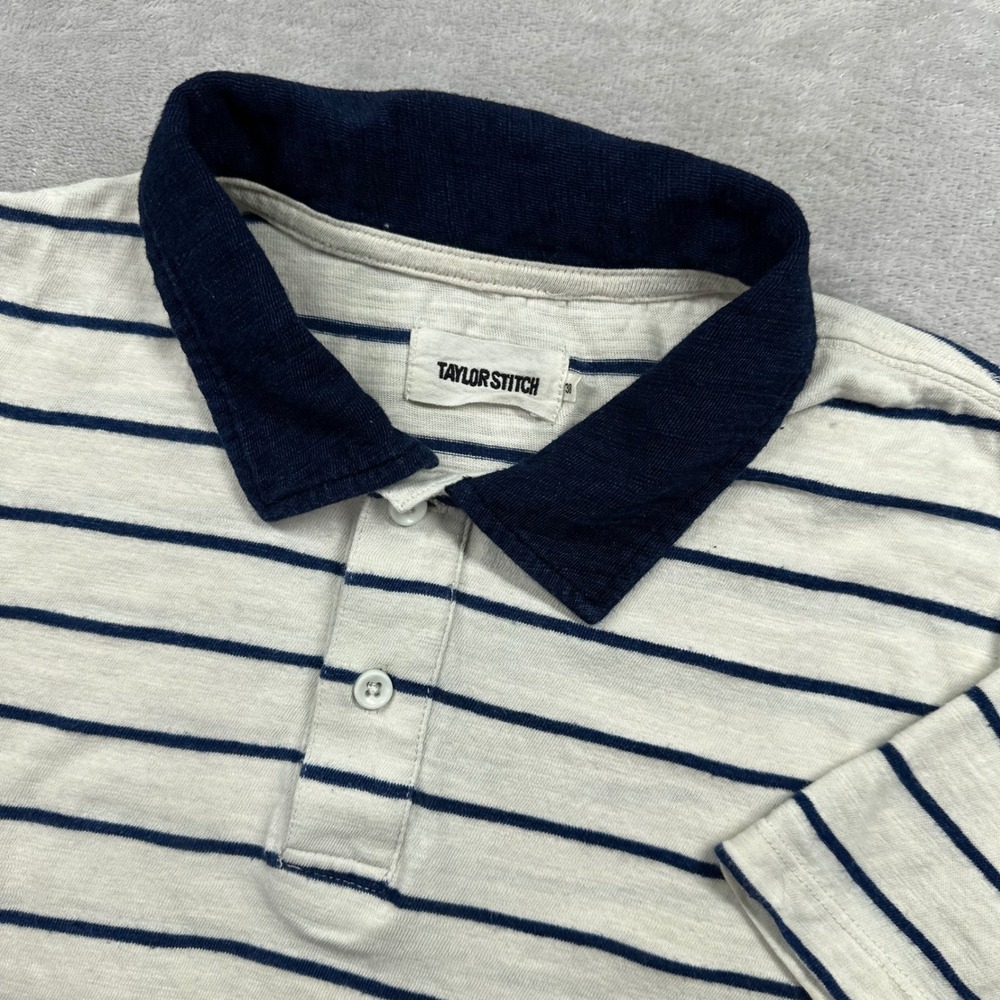Taylor Stitch Polo Shirt Mens 38 Small Cream Navy Blue Striped Slub Knit Cotton